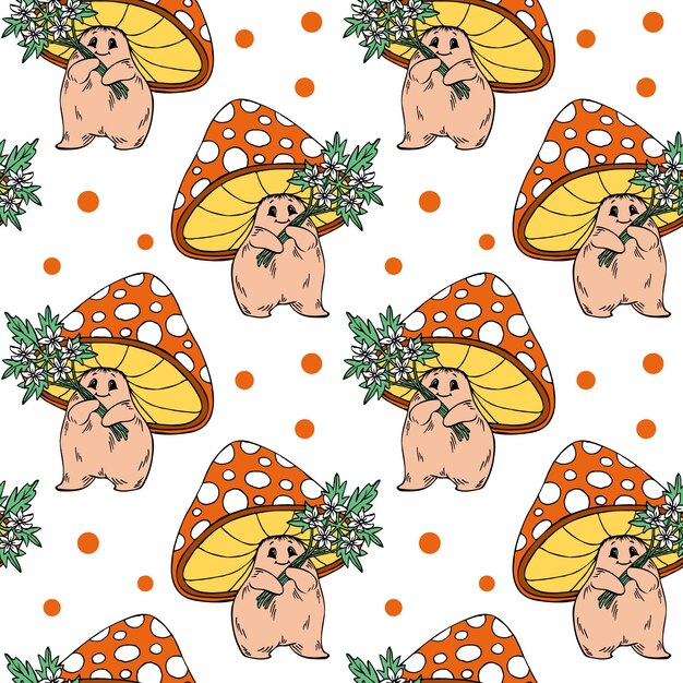 Seamless pattern handdrawn cute living fly agaric mushrooms with a bouquet of flowers