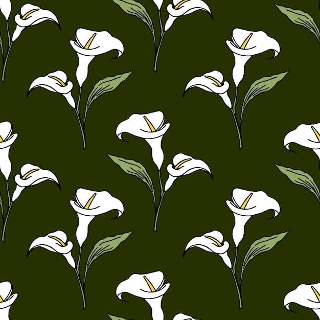 seamless pattern handdrawn delicate calla flowers on a green background