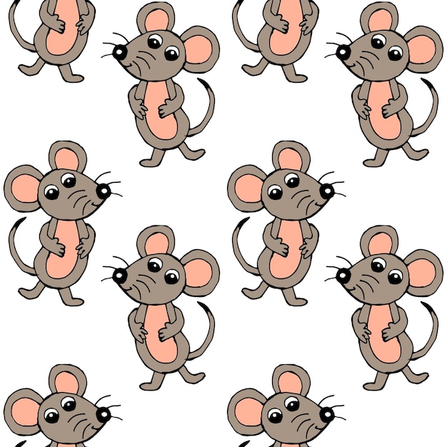 seamless pattern handdrawn funny graypink mice on a white background