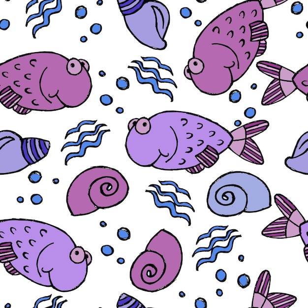 Seamless pattern handdrawn multicolored fish and shells