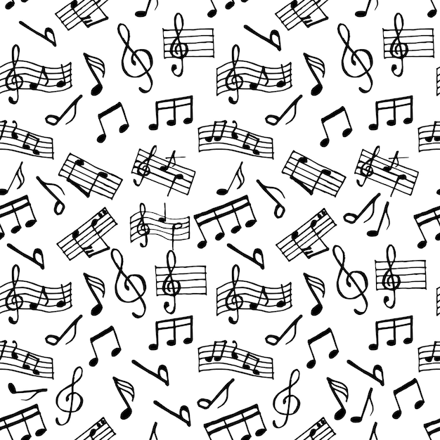 Seamless pattern handdrawn musical notes on a white background