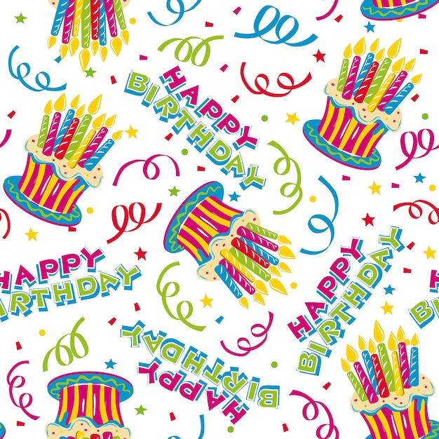 Seamless pattern of Happy Birthday colorful cakes with candles