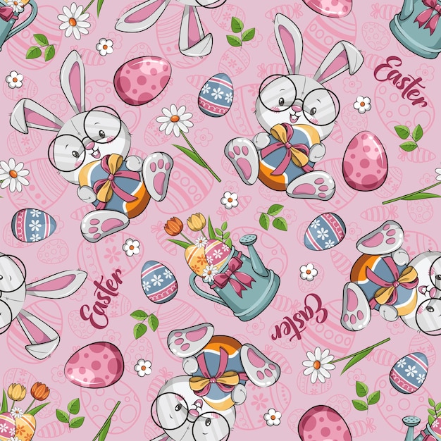 Seamless pattern happy easter with cute bunny rabbit and easter eggs on pink background