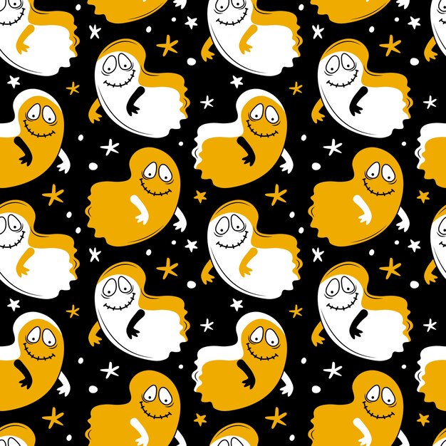 Seamless pattern happy halloween. cute ghost flying at night. cartoon spooky character.