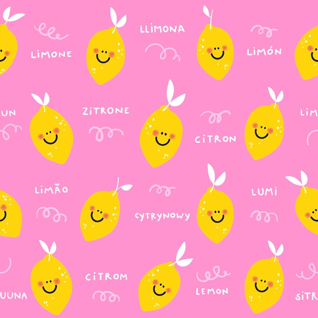 Vector seamless pattern happy mini lemon languages cutie fruttie illustrated collection pink background