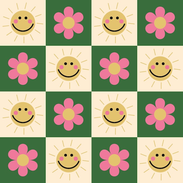 Seamless pattern happy smiling sun and pink flowers on a green and yellow checkerboard background