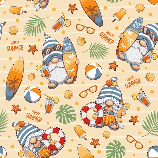 Vector seamless pattern happy summer with gnome. cute cartoon illustration