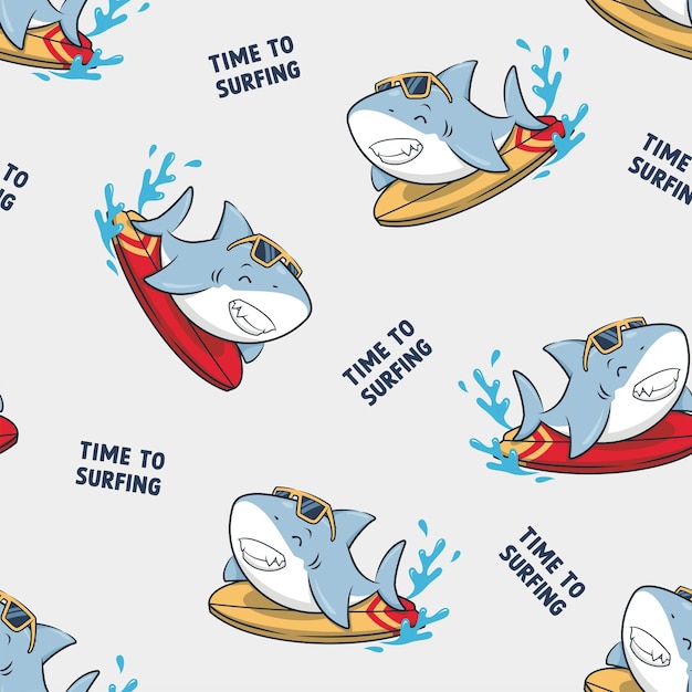 Seamless pattern happy summer with surfing shark cute cartoon illustration