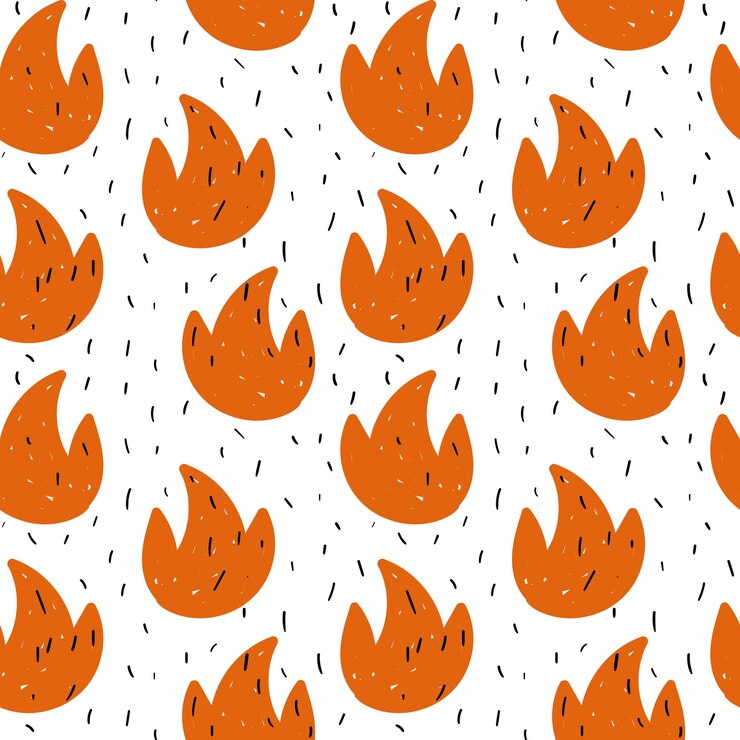 Vector seamless pattern hatched orange flame abstract fiery vector background with stripes of black noise