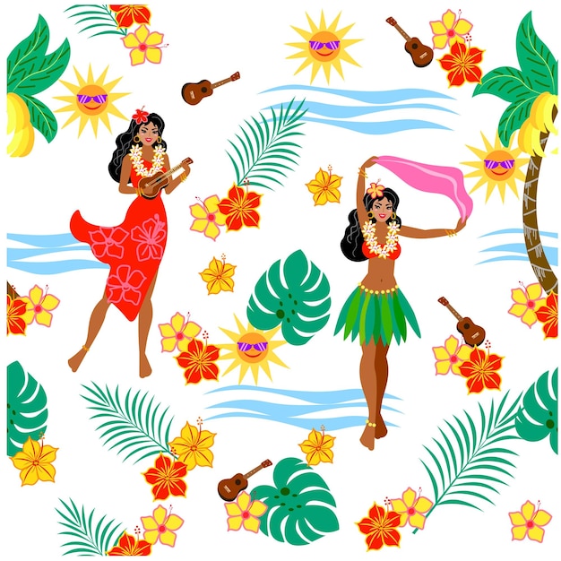 seamless pattern Hawaiian girl