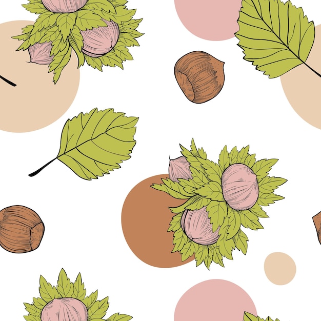 Seamless pattern hazelnut many fruit nuts and kernels leaves in sketch style background with bright spots for packing hazelnut or chocolate nut paste