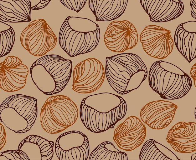 Seamless pattern of hazelnuts in shells and peeled kernels for menu design or confectionery