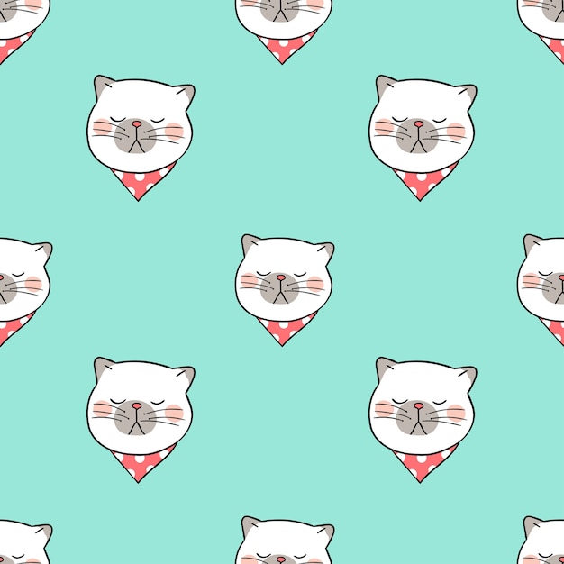 Seamless pattern head of cat on green pastel