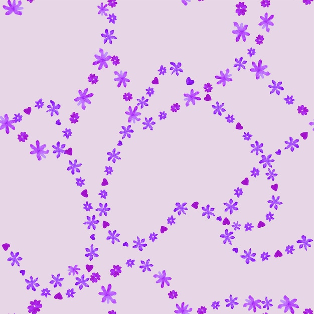 Seamless pattern of heart shapes from watercolor purple daisies