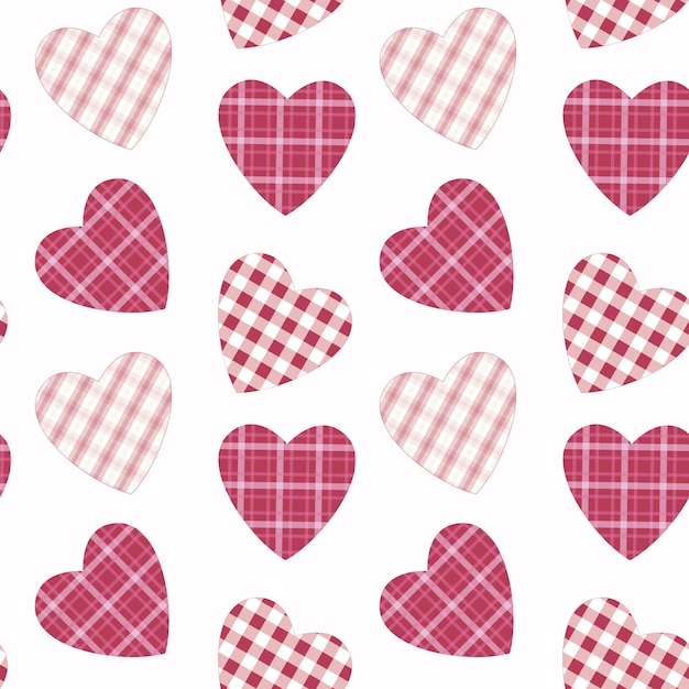 Seamless pattern of hearts in plaid textures in pink shades and isolated background.