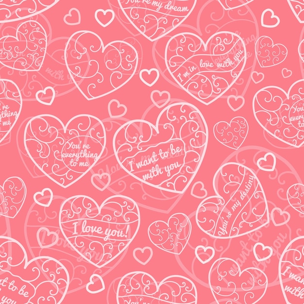 Seamless pattern of hearts with curls and inscriptions in light pink colors