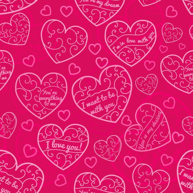 Seamless pattern of hearts with curls and inscriptions in pink colors