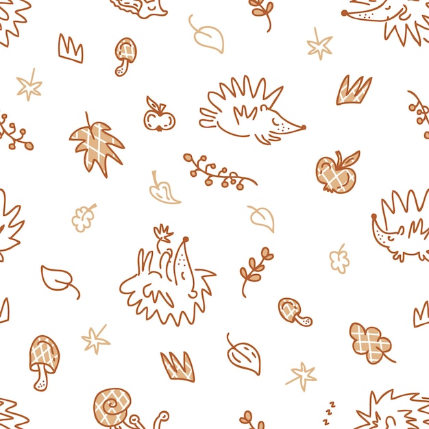 Seamless pattern of hedgehogs and elements in the autumn theme doodles Perfect for fabric scrapbooking textile and prints Sketch style vector illustration for decor and design