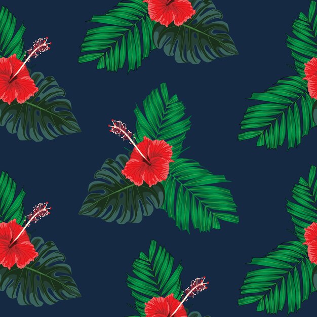 Seamless pattern hibiscus flowers with palm leaves. watercolor stlye.