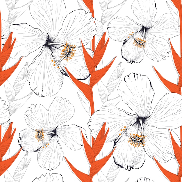 Vector seamless pattern hibiscus and heliconia flower abstract background.  drawing line art.