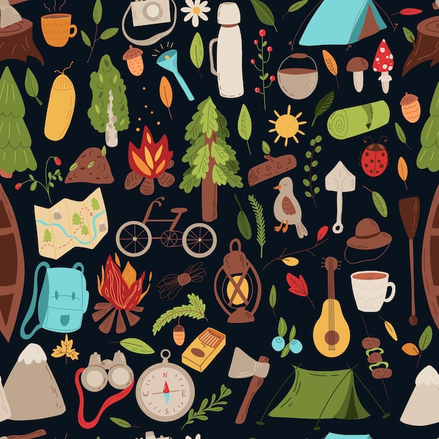 Seamless pattern hike, camping. Vector illustration on white background.