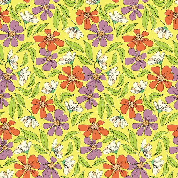ヒッピースタイルのシームレスなパターンさまざまな輪郭を描かれた植物の花や葉と花の背景ベクトルイラスト
