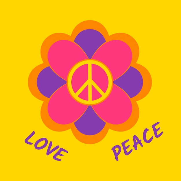 Vector seamless pattern in hippie style with flowers peace symbols and text love peace on beige backgroundx9