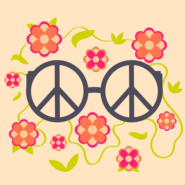 무지개 배경과 꽃이 있는 히피 기호가 있는 안경으로 히피 스타일의 원활한 패턴
