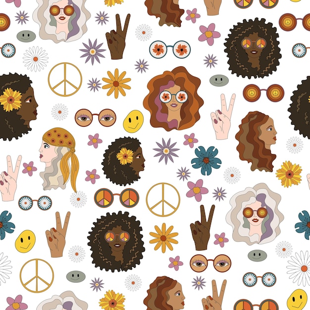 Vector seamless pattern. hippies, flowers, pacific, peace. retro pattern in 70s style. vector.