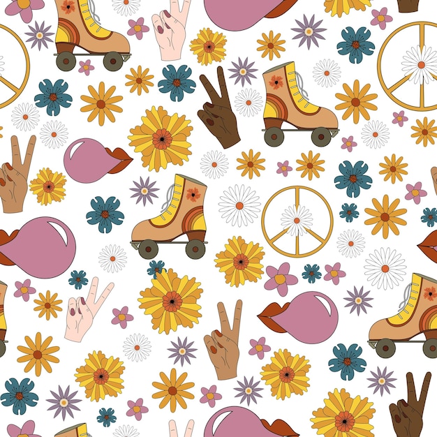 Seamless pattern. Hippies, flowers, pacific, peace. Retro pattern in 70s style. Vector.