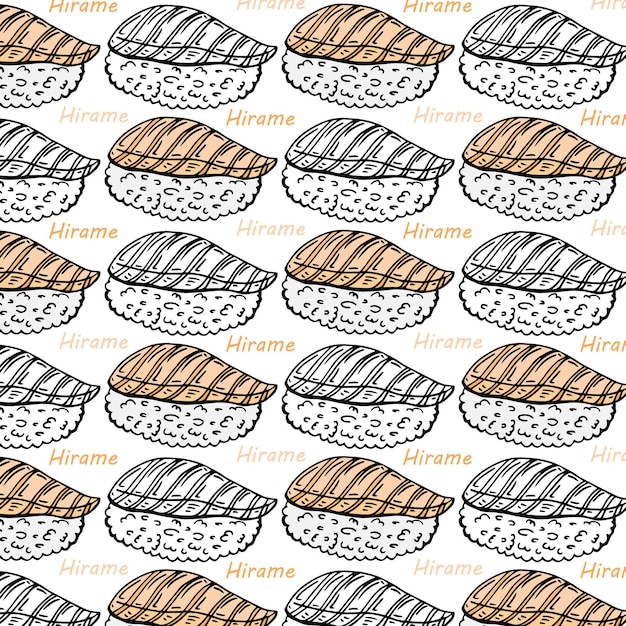 Vector seamless pattern of hirame sushi with colored sketch style on white background