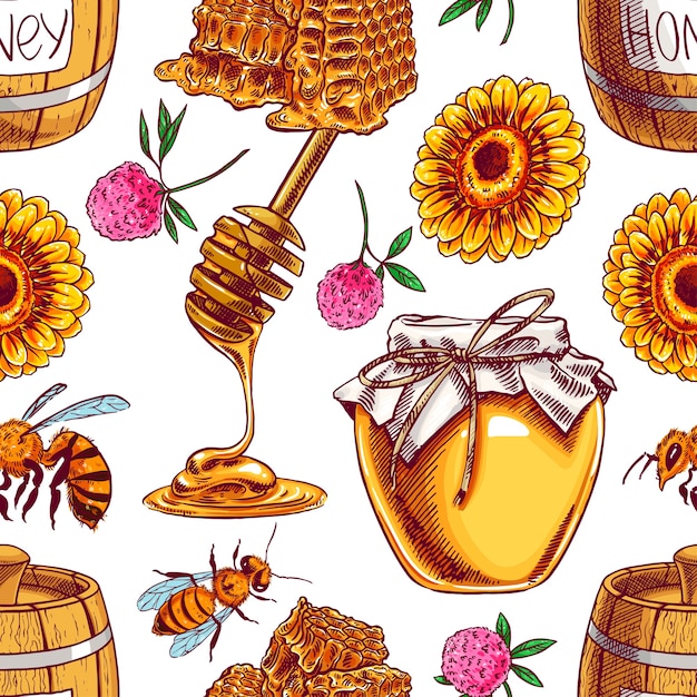 Seamless pattern of honey jars, bees, flowers. hand-drawn illustration