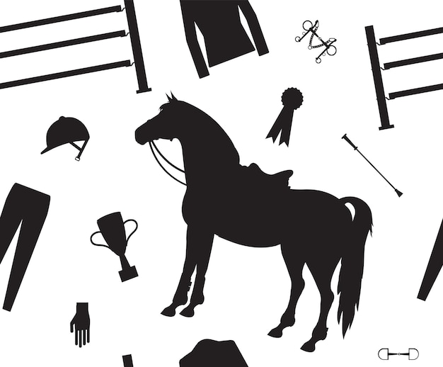 Vector seamless pattern of horse riding equipment silhouette
