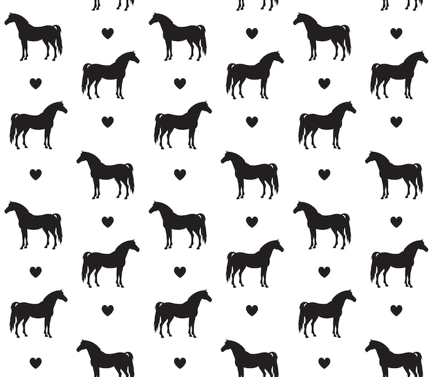 Seamless pattern of horse silhouettes and hearts