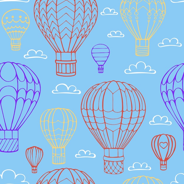 Seamless pattern hot air balloon and cloud Hand drawn outline doodle Vector illustration