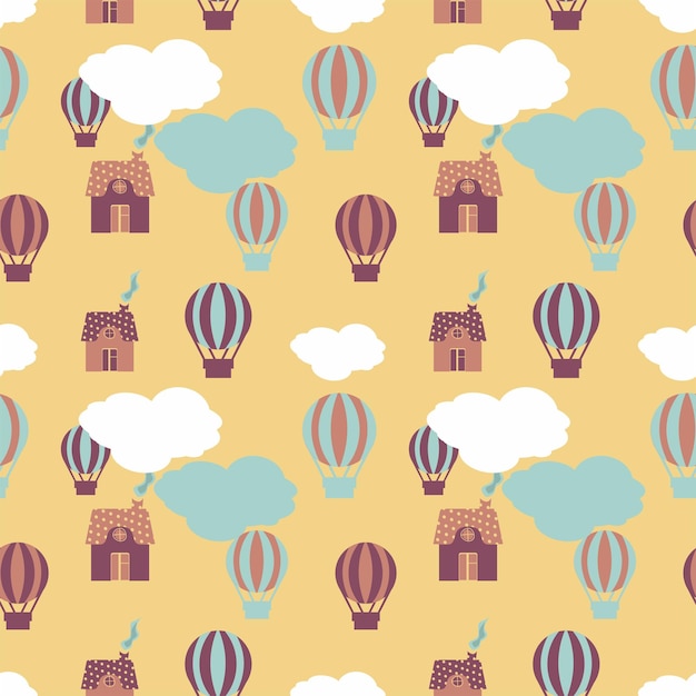 Seamless pattern hot air balloon, houses and clouds