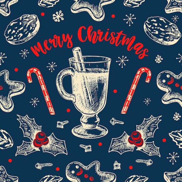 어두운 배경에서 크리스마스를 위한 다양한 전통 디저트의 매끄러운 패턴 뜨거운 음료