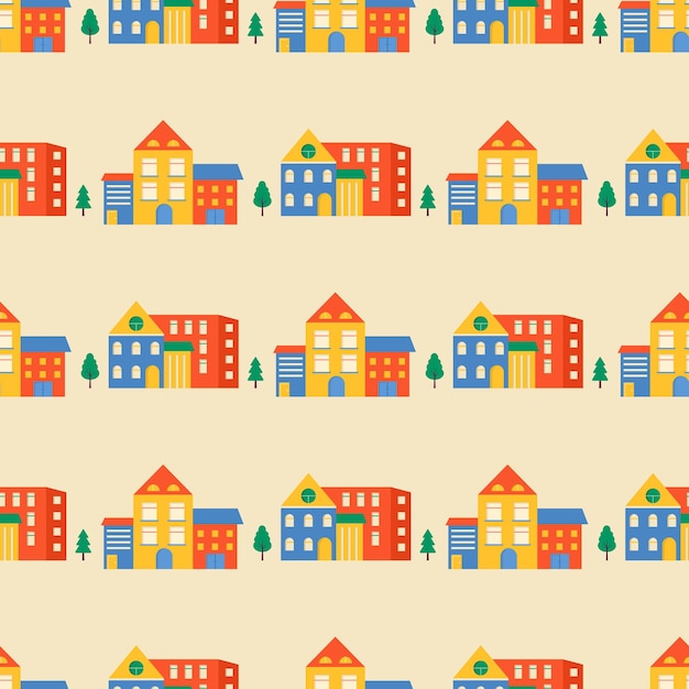 Case e strade senza cuciture, tetti dell'edificio. sfondo colorato paesaggio urbano carino per tessuti per bambini, carta da imballaggio, design tessile. sfondo vettoriale con città e alberi