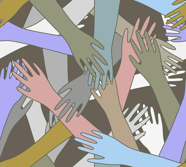 Seamless pattern of human hands in pastel colors conceptual illustration background