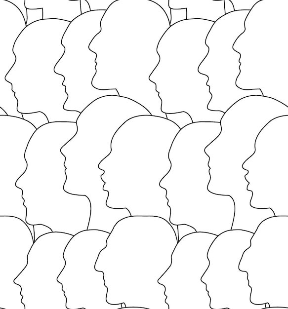 Seamless pattern of human profiles in stencil style Society faces outlines on white background