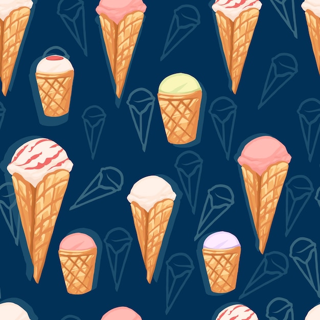 Modello senza cuciture di gusti gelato in coni di cialda con illustrazione vettoriale piatta di colore diverso su sfondo blu punteggiato