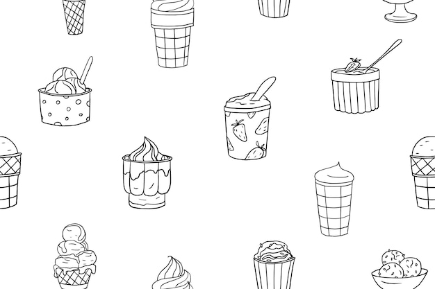 Vector seamless pattern of ice cream ice cream in a waffle cup in a paper cup in a glass cup hand drawn