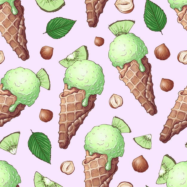 Seamless pattern ice cream nuts kiwi.