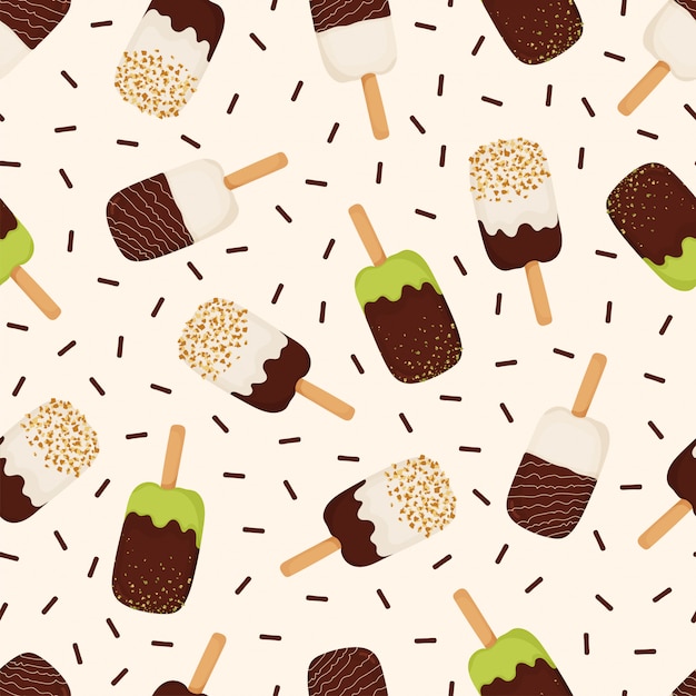 Seamless pattern of ice cream with chocolate, nuts, pistachios