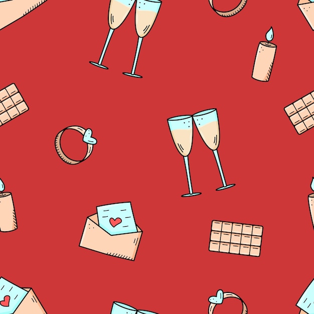 Seamless pattern icons concept of Valentine s day. Vector doodle romantic accessories candles hearts ring glasses of wine, gift.