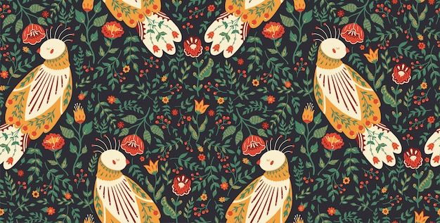 Seamless pattern illustration of a beautiful floral wreath with a cute folk bird.