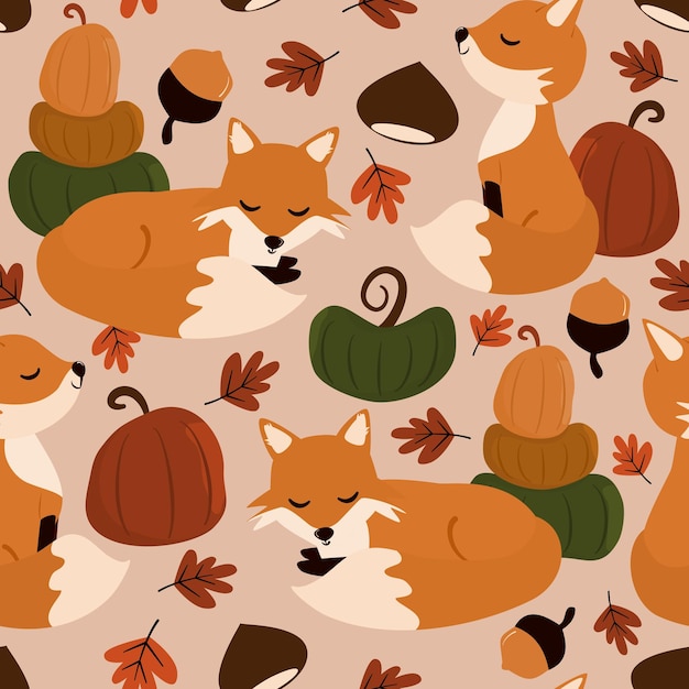 Vettore illustrazione senza cuciture con personaggio dei cartoni animati volpe zucche, foglie, ghiande e castagne