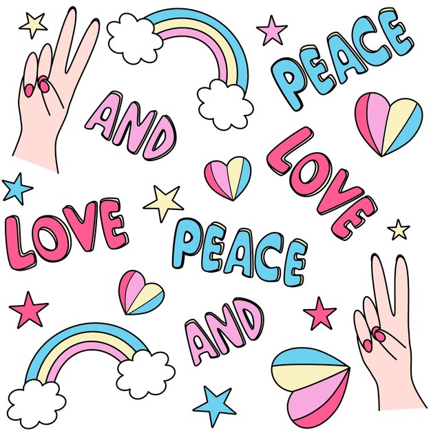 Seamless pattern illustration with peace and love lettering text and hearts rainbows stars