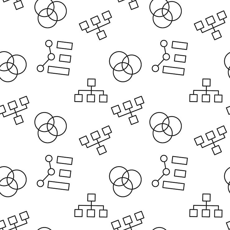 Vector seamless pattern of intersected circles map pie chart is made of line icons