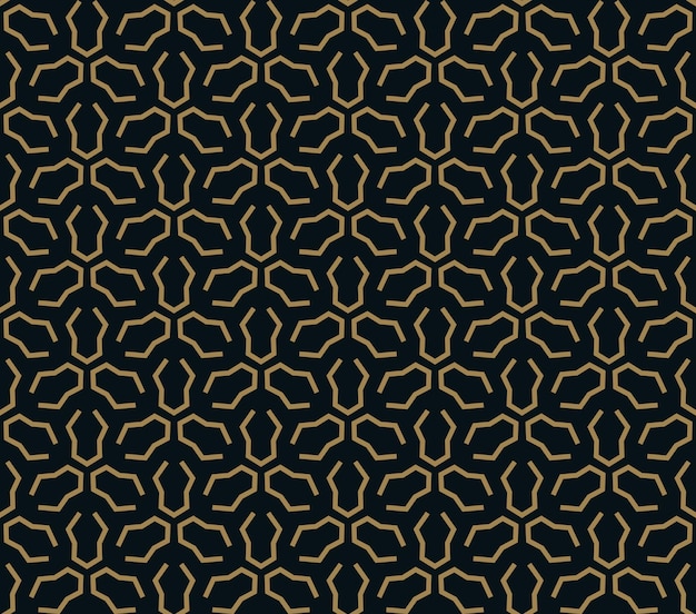 Seamless pattern of intersecting thin gold lines on black background Abstract seamless ornament